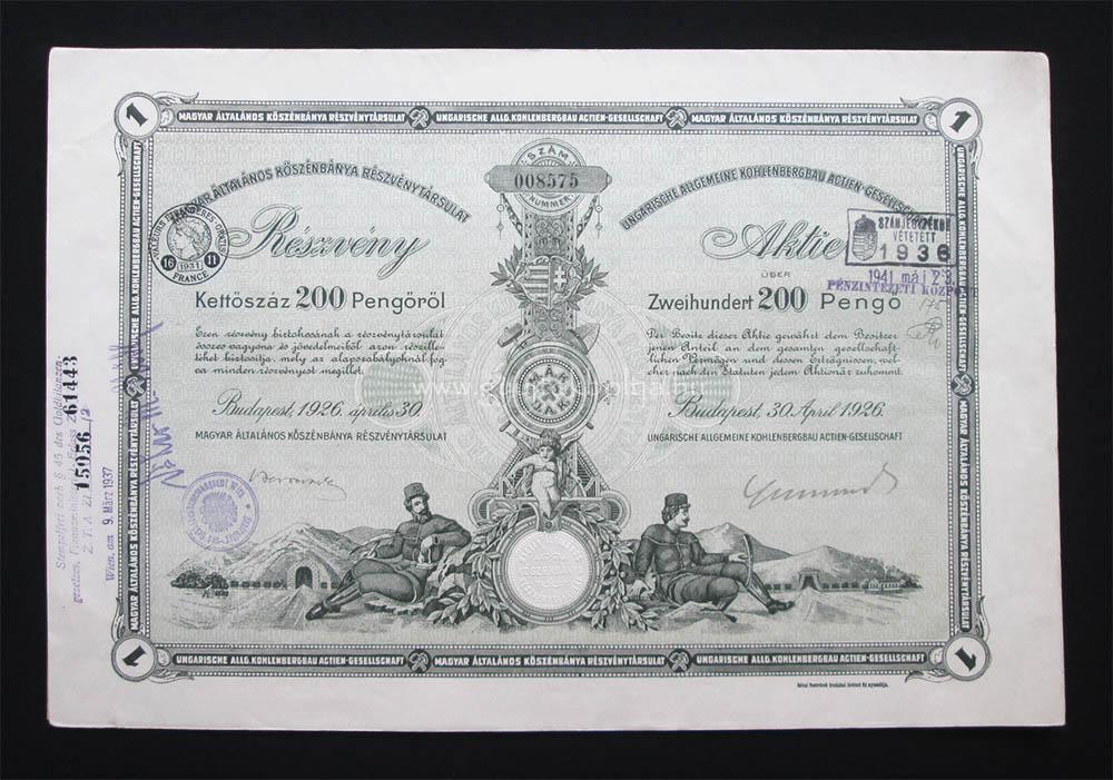 Magyar Általános Kõszénbánya részvény 200 pengõ 1926